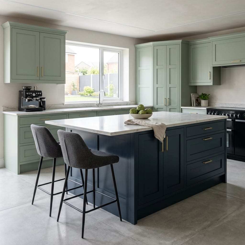 Bespoke kitchen island detail, modern shaker cabinetry with quality joinery