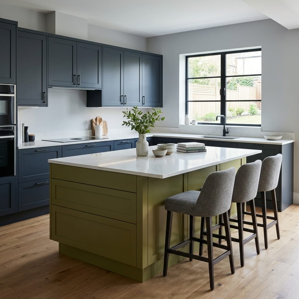 Bespoke kitchen island detail, matt painted handleless slab cabinetry with quality joinery