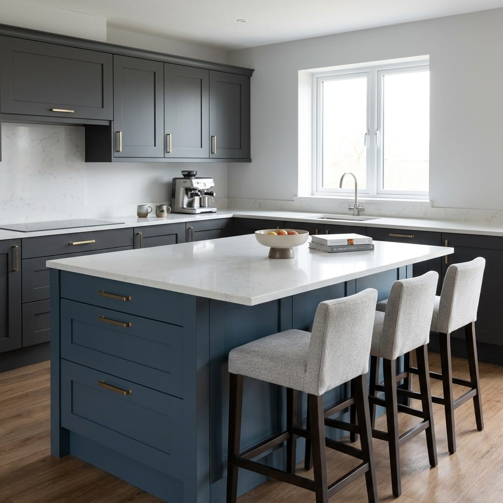 Bespoke kitchen island detail, modern shaker cabinetry with quality joinery