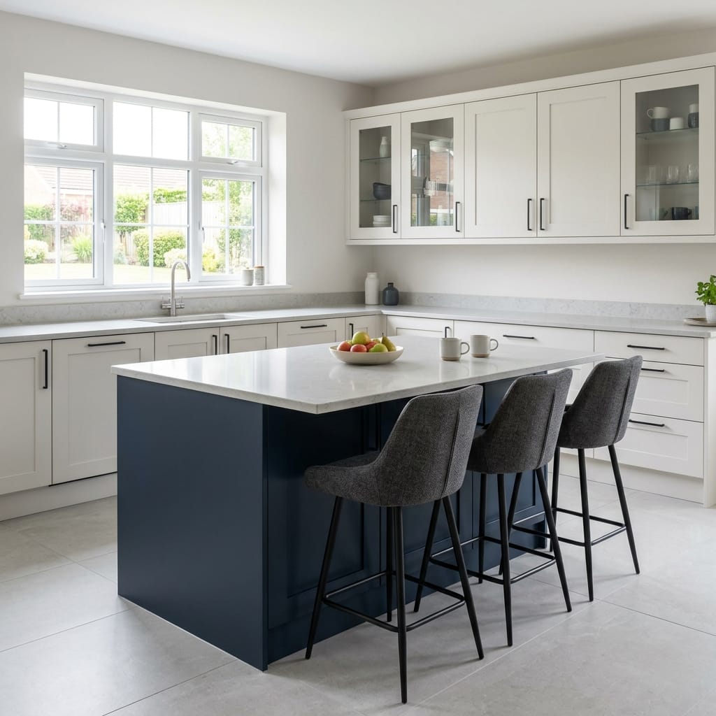 Bespoke kitchen island detail, contemporary painted lay-on cabinetry with quality joinery