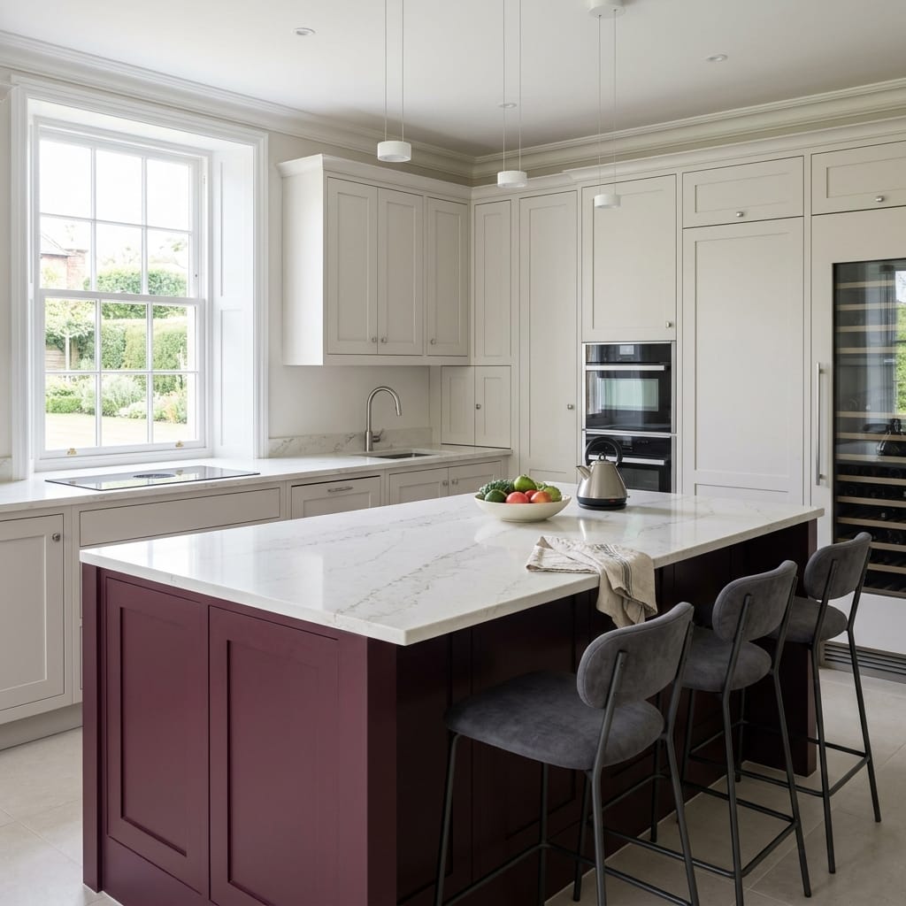 Bespoke kitchen island detail, modern shaker cabinetry with quality joinery