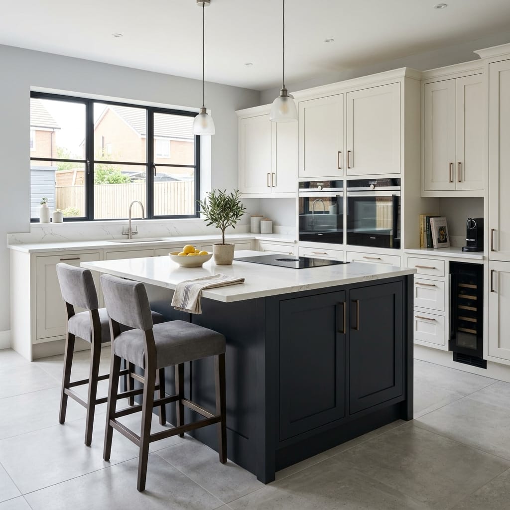 square1_800x800-254 Bespoke kitchen island detail, matt painted handleless slab cabinetry with quality joinery