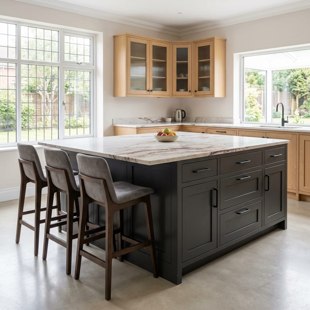 Bespoke kitchen island detail, matt painted handleless slab cabinetry with quality joinery