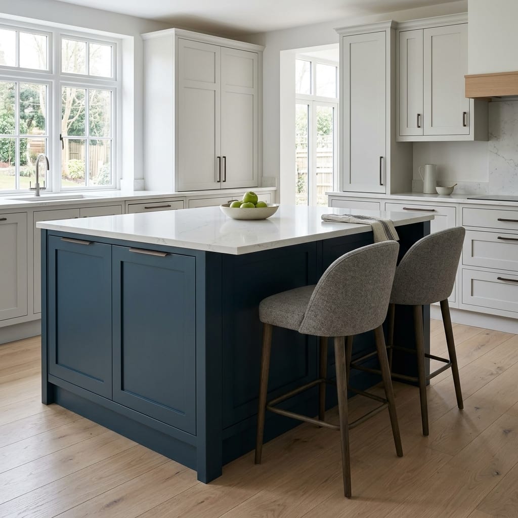 Bespoke kitchen island detail, modern shaker cabinetry with quality joinery