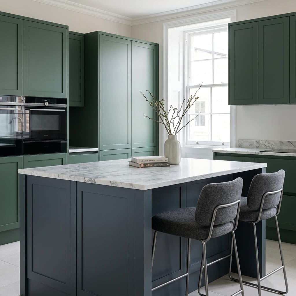Bespoke kitchen island detail, contemporary painted lay-on cabinetry with quality joinery