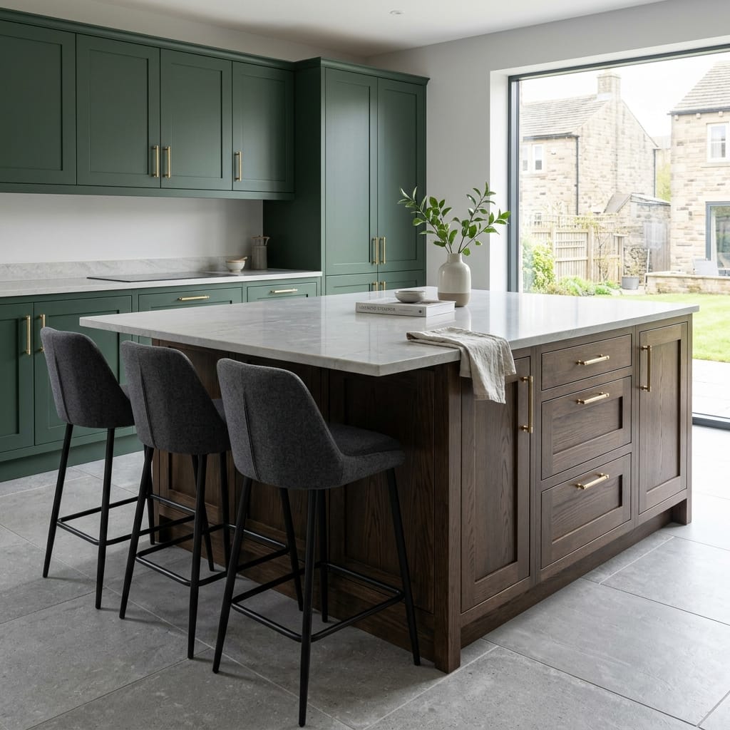 Bespoke kitchen island detail, timber veneer slab-door cabinetry with quality joinery