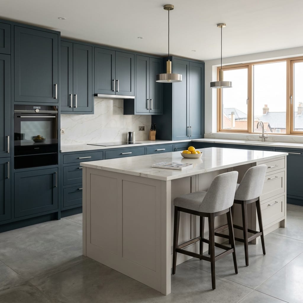 Bespoke kitchen island detail, timber veneer slab-door cabinetry with quality joinery