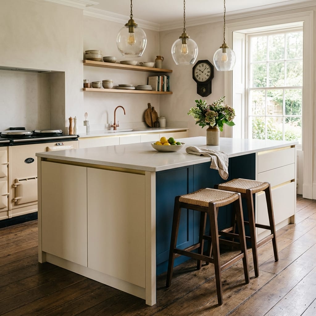 Bespoke kitchen island detail, contemporary painted lay-on cabinetry with quality joinery