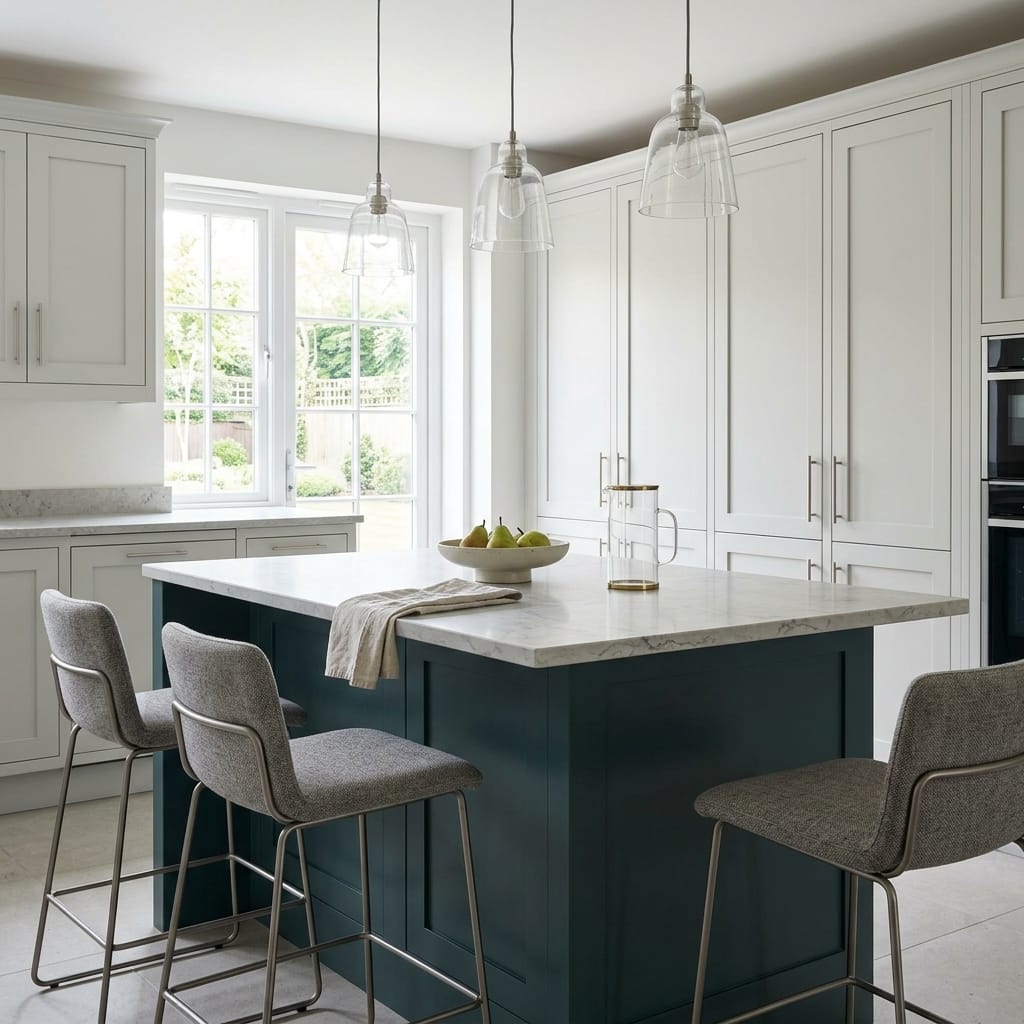 Bespoke kitchen island detail, matt painted handleless slab cabinetry with quality joinery