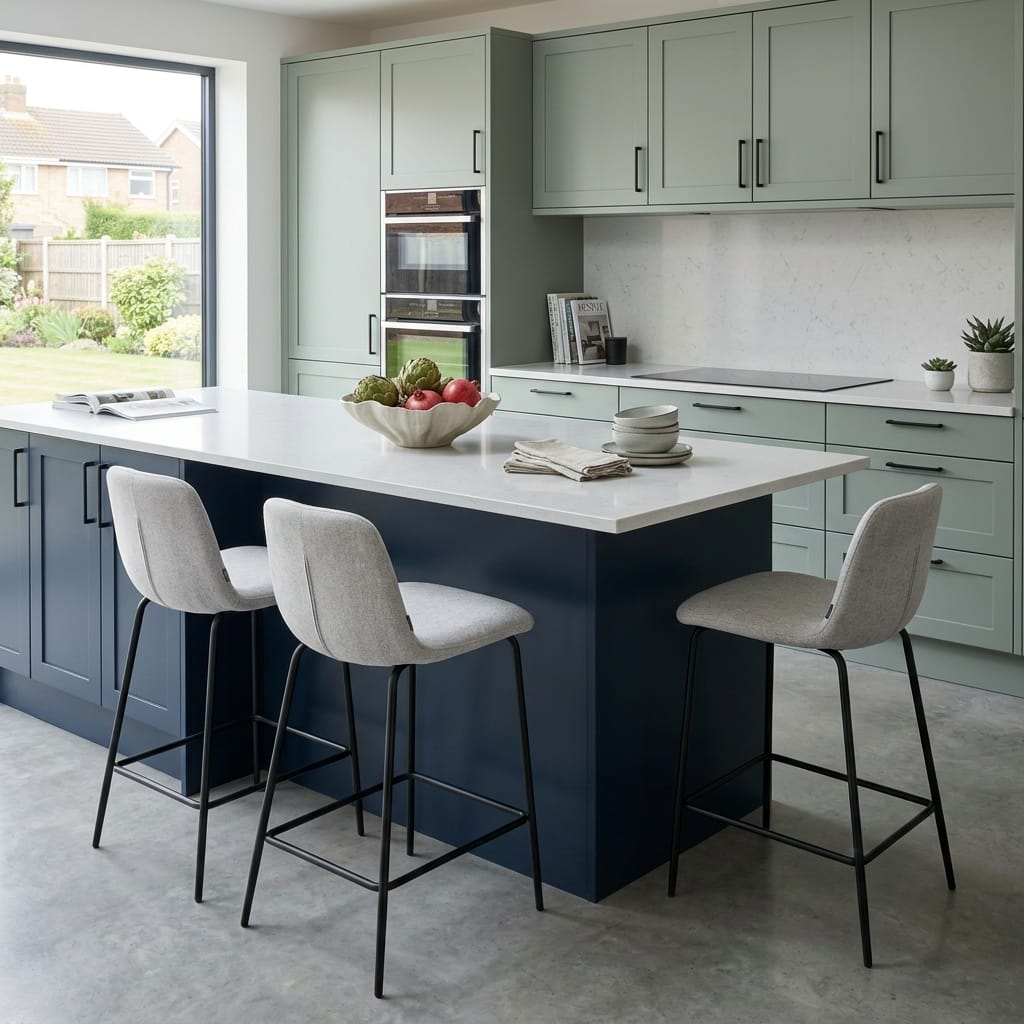 Bespoke kitchen island detail, contemporary painted lay-on cabinetry with quality joinery