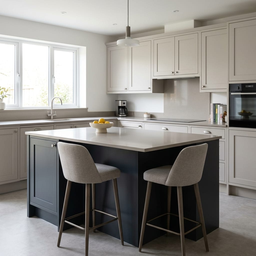 Bespoke kitchen island detail, contemporary painted lay-on cabinetry with quality joinery