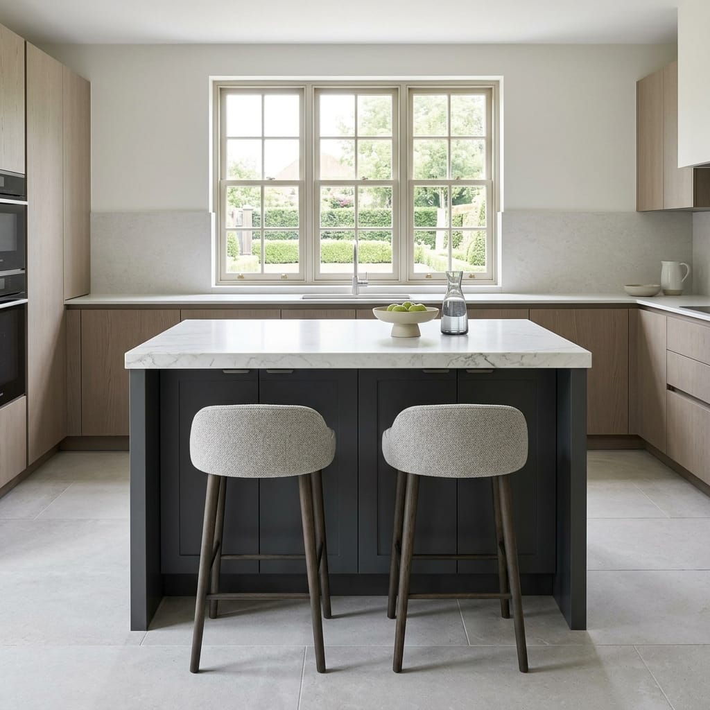 Bespoke kitchen island detail, timber veneer slab-door cabinetry with quality joinery