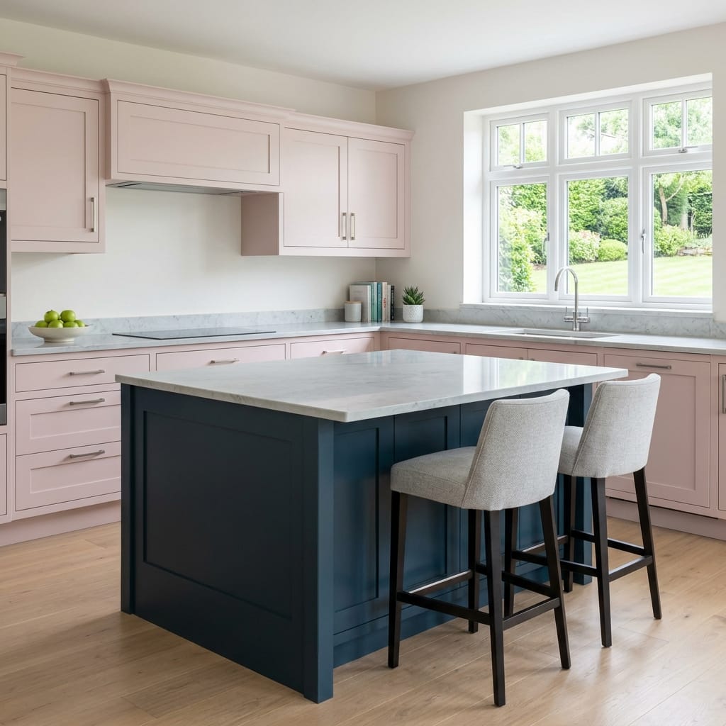 Bespoke kitchen island detail, contemporary painted lay-on cabinetry with quality joinery