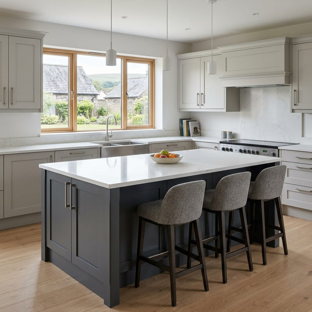 Bespoke kitchen island detail, modern shaker cabinetry with quality joinery
