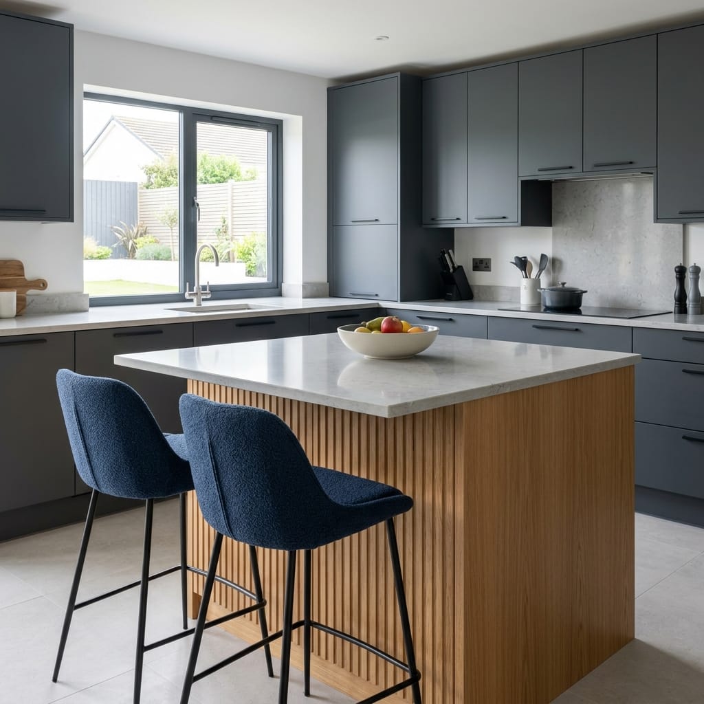 Bespoke kitchen island detail, matt painted handleless slab cabinetry with quality joinery
