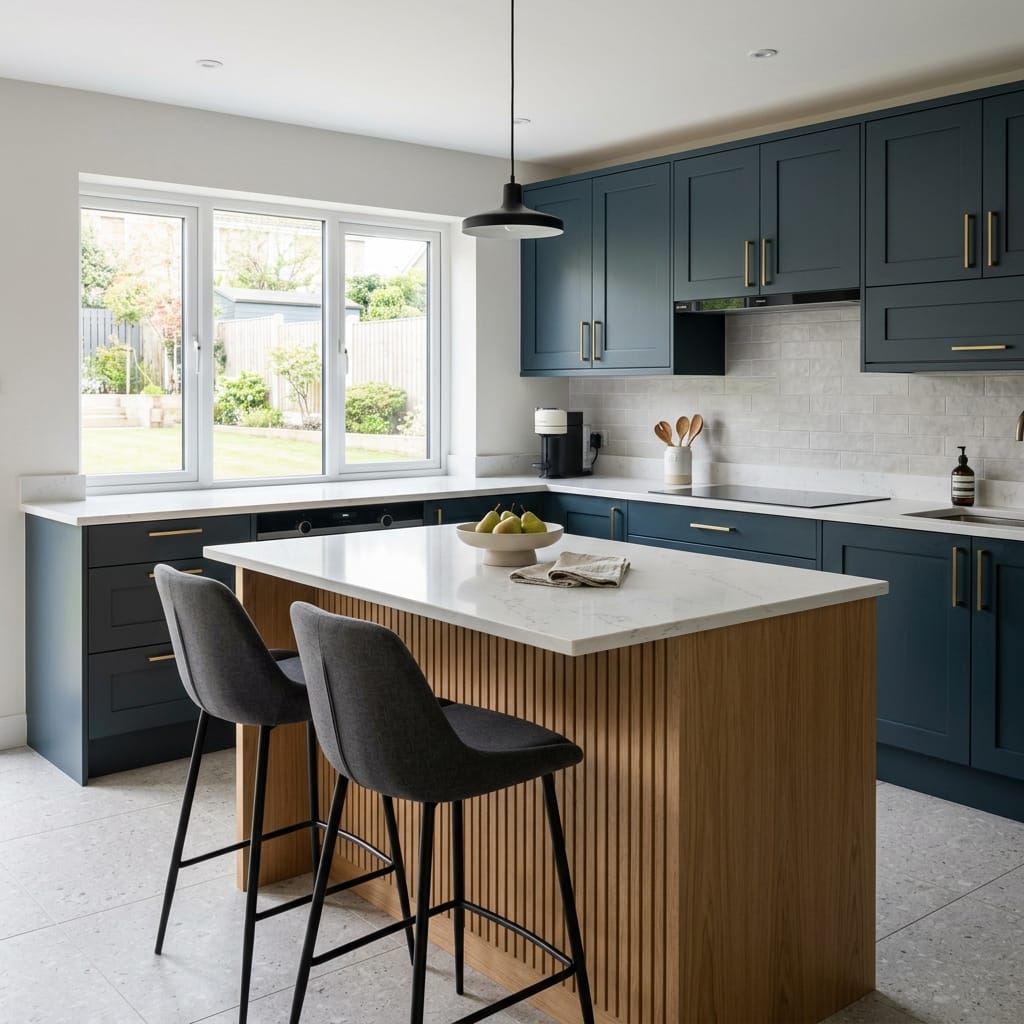 Bespoke kitchen island detail, matt painted handleless slab cabinetry with quality joinery