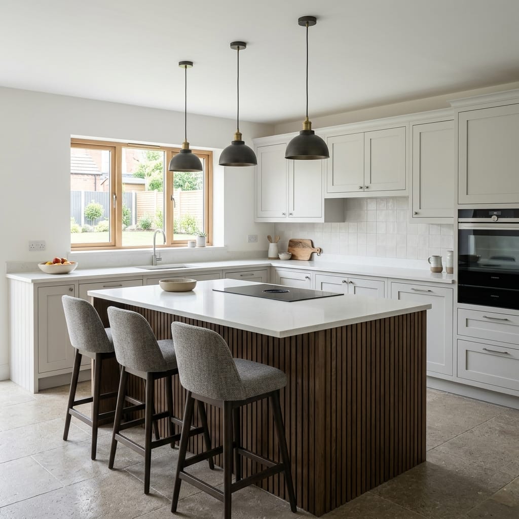 Bespoke kitchen island detail, timber veneer slab-door cabinetry with quality joinery