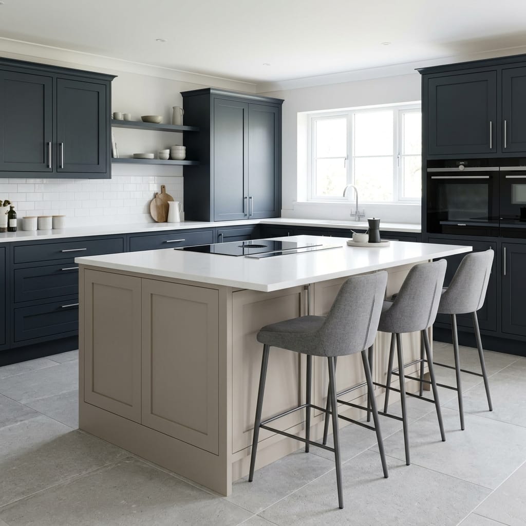 Bespoke kitchen island detail, modern shaker cabinetry with quality joinery