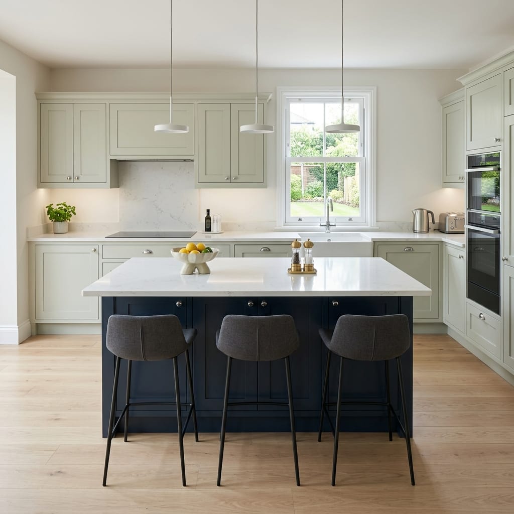 Bespoke kitchen island detail, matt painted handleless slab cabinetry with quality joinery
