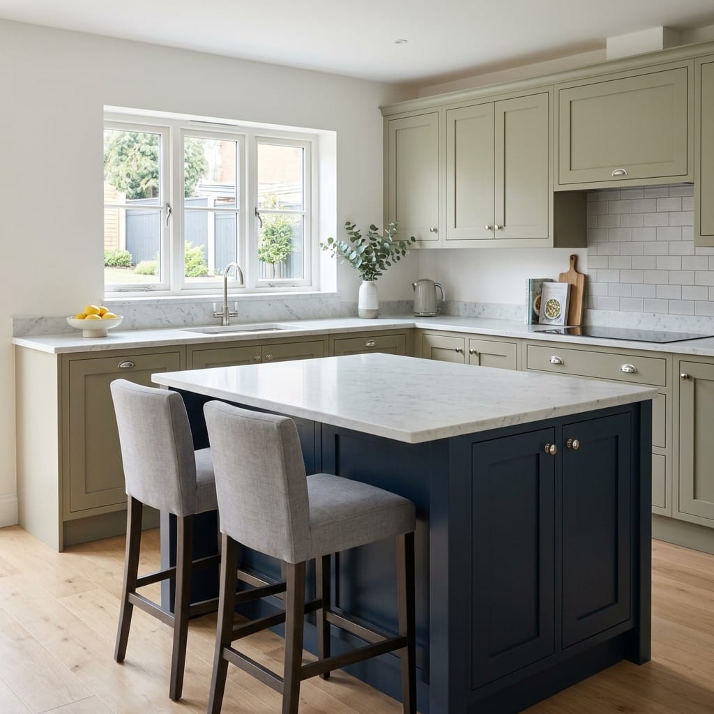 Bespoke kitchen island detail, modern shaker cabinetry with quality joinery