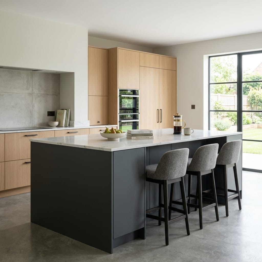 square1_800x800-287 Bespoke kitchen island detail, timber veneer slab-door cabinetry with quality joinery