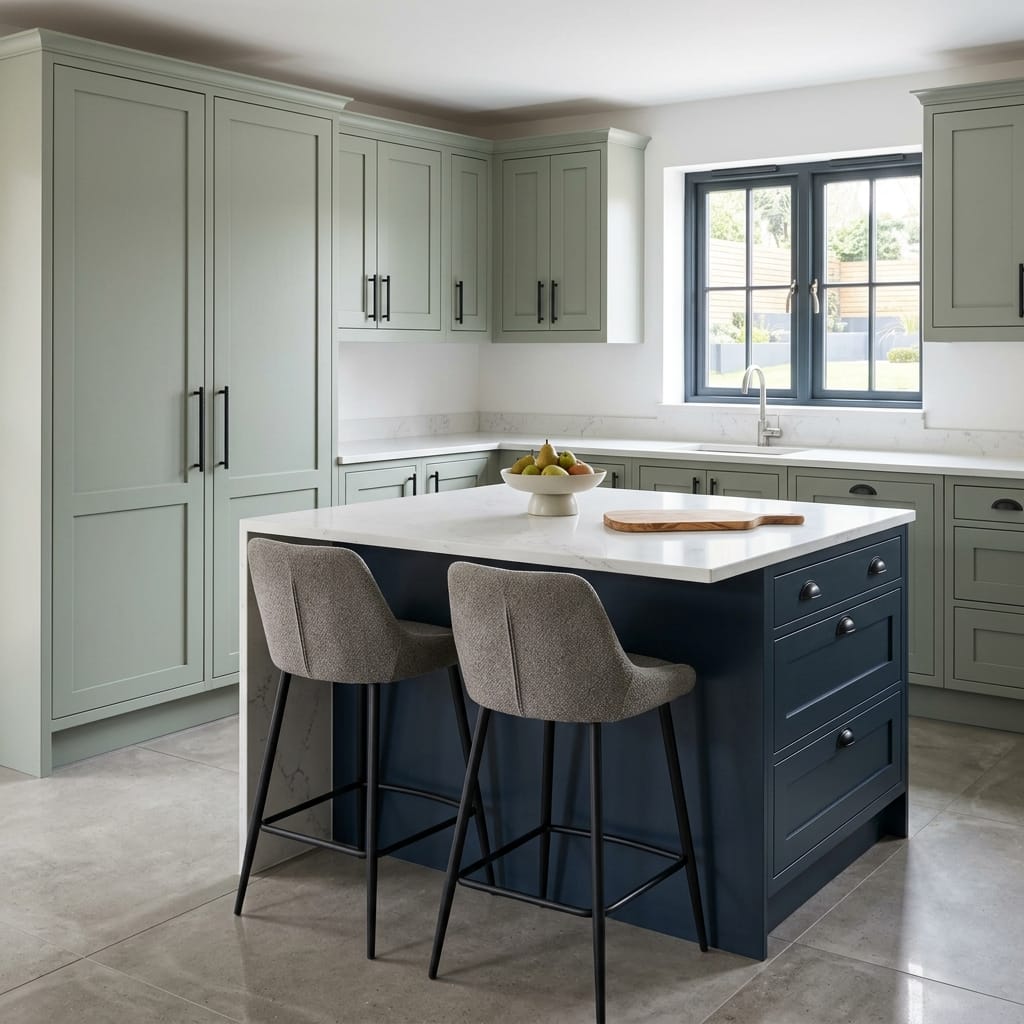 Bespoke kitchen island detail, matt painted handleless slab cabinetry with quality joinery