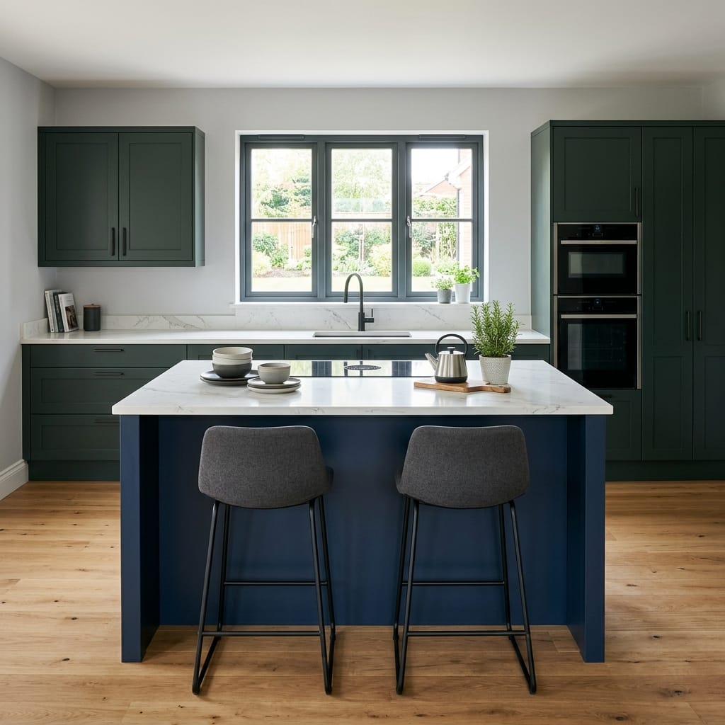 Bespoke kitchen island detail, modern shaker cabinetry with quality joinery