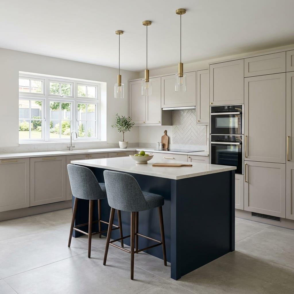 Bespoke kitchen island detail, matt painted handleless slab cabinetry with quality joinery