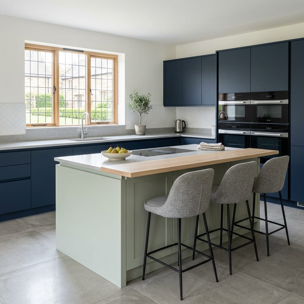 Bespoke kitchen island detail, modern shaker cabinetry with quality joinery