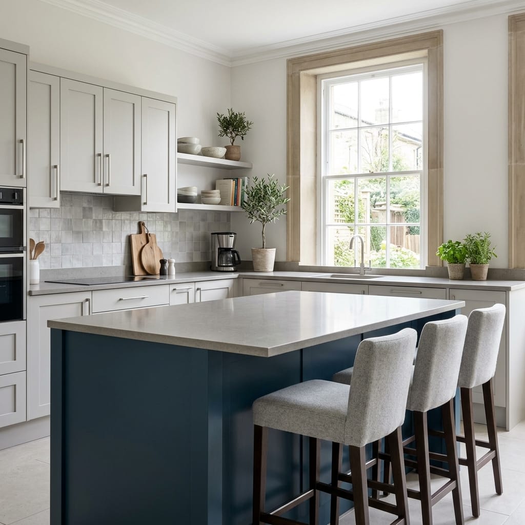 Bespoke kitchen island detail, matt painted handleless slab cabinetry with quality joinery