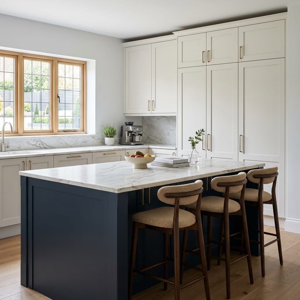 Bespoke kitchen island detail, modern shaker cabinetry with quality joinery