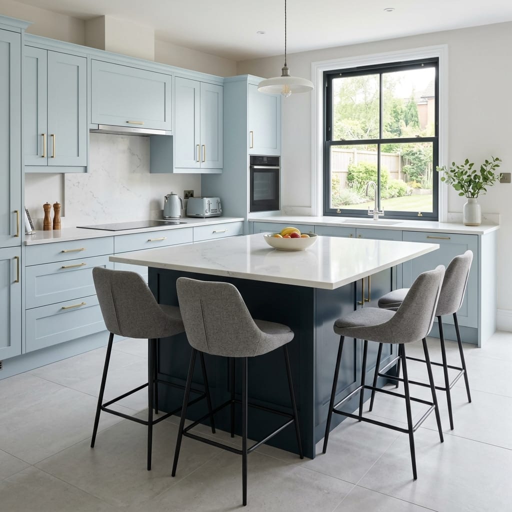 Bespoke kitchen island detail, matt painted handleless slab cabinetry with quality joinery