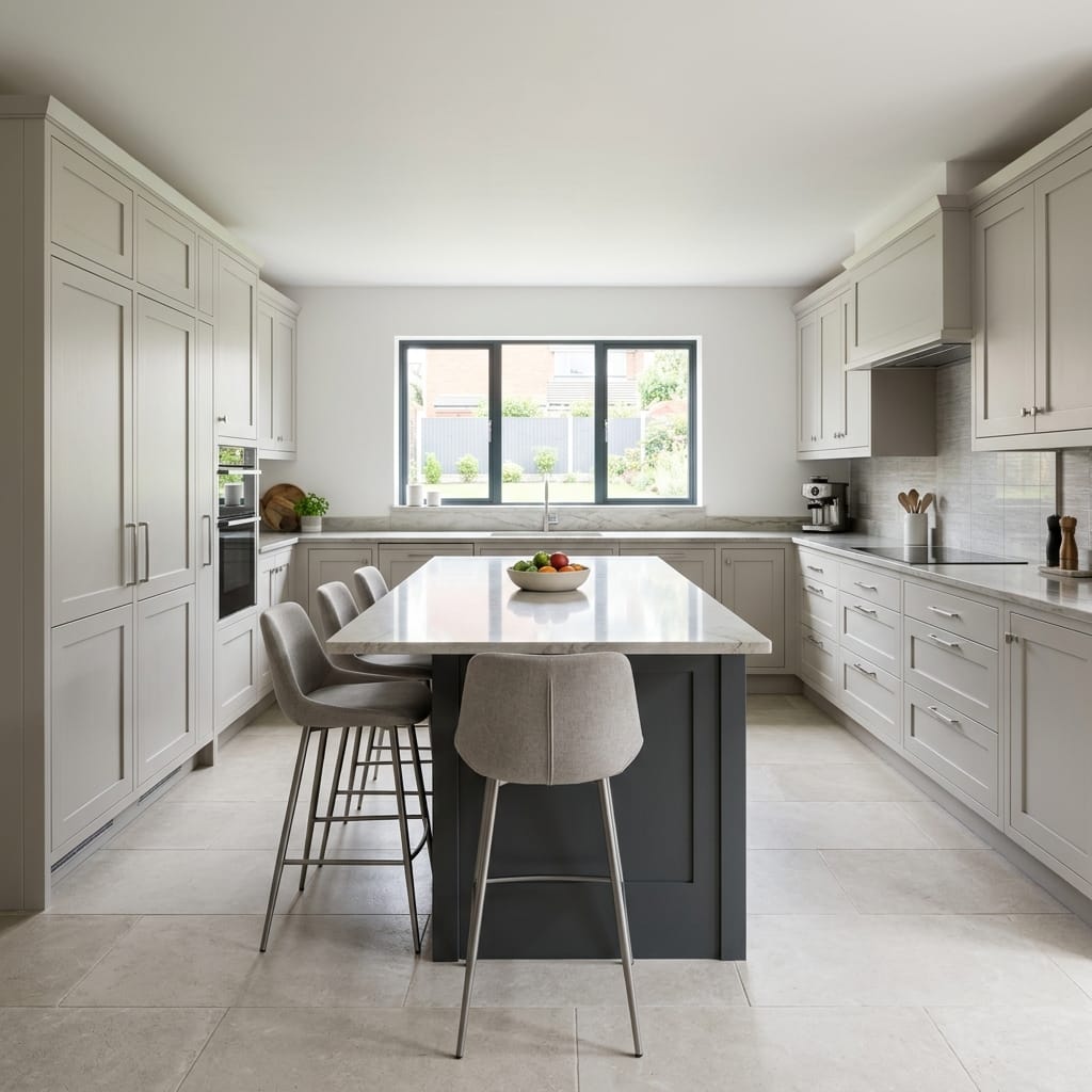 Bespoke kitchen island detail, matt painted handleless slab cabinetry with quality joinery