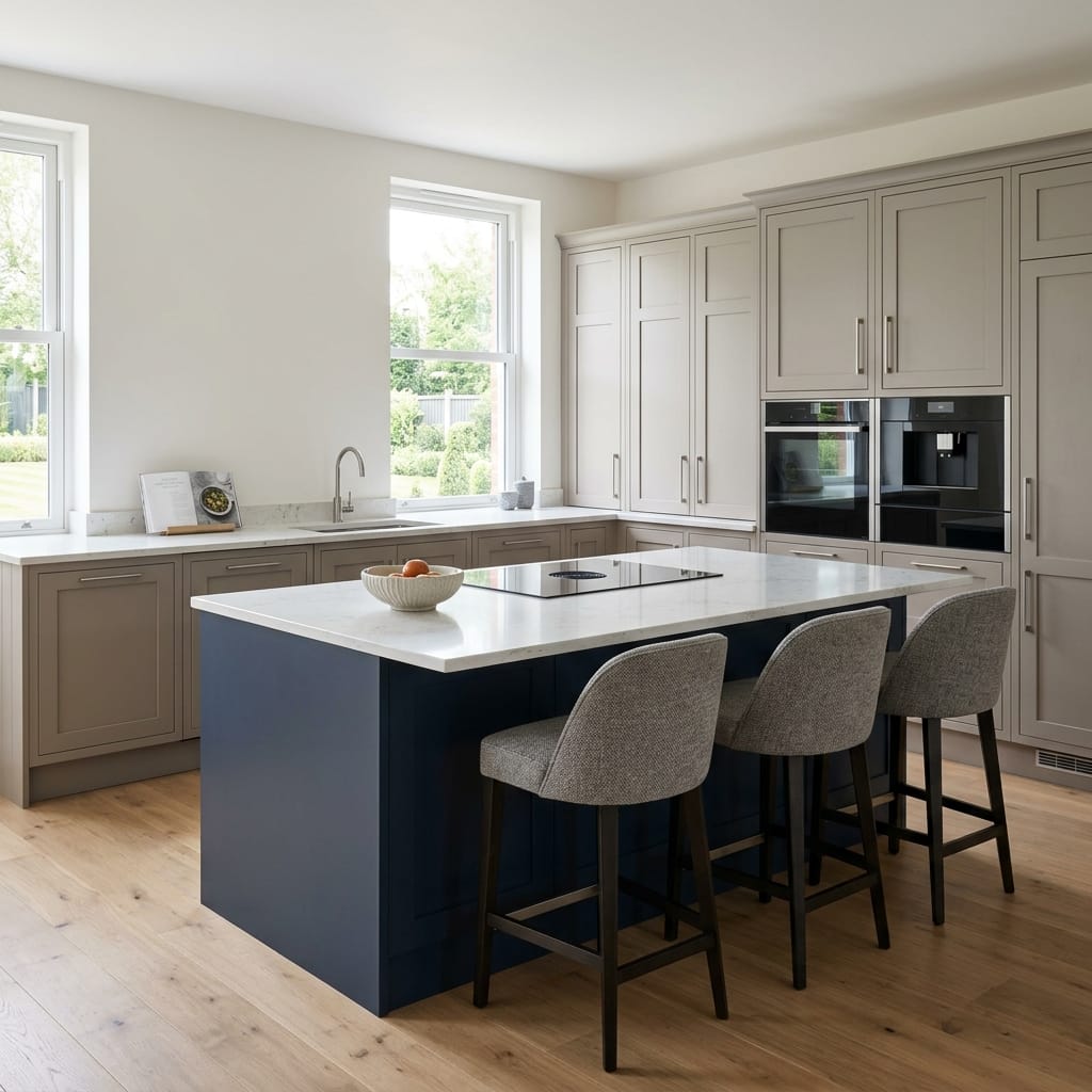 Bespoke kitchen island detail, contemporary painted lay-on cabinetry with quality joinery