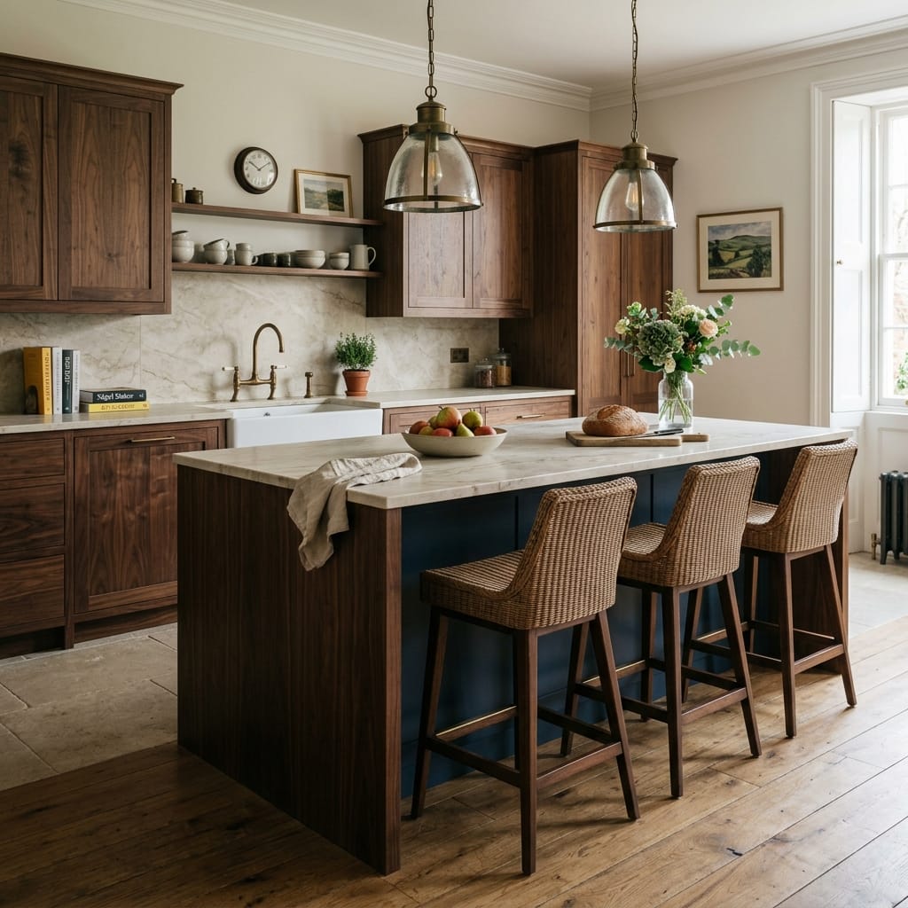 square1_800x800-31 Walnut kitchen with marble worktops, island seating and pendant glass lights