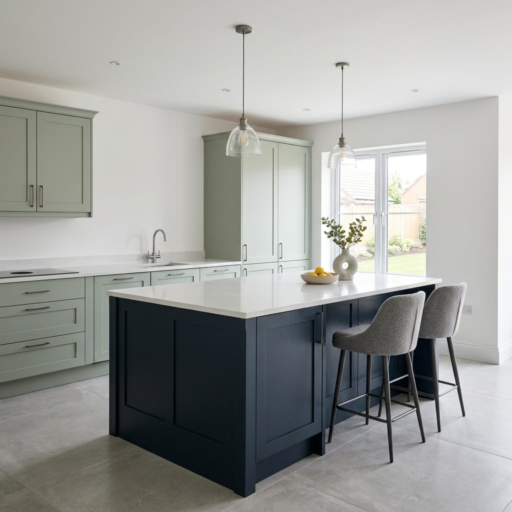 Bespoke kitchen island detail, contemporary painted lay-on cabinetry with quality joinery