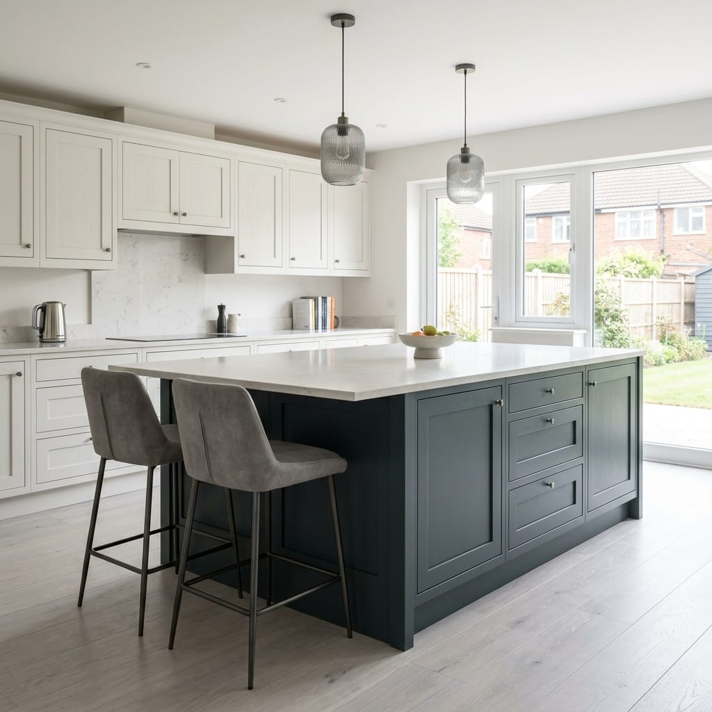 square1_800x800-314 Bespoke kitchen island detail, matt painted handleless slab cabinetry with quality joinery