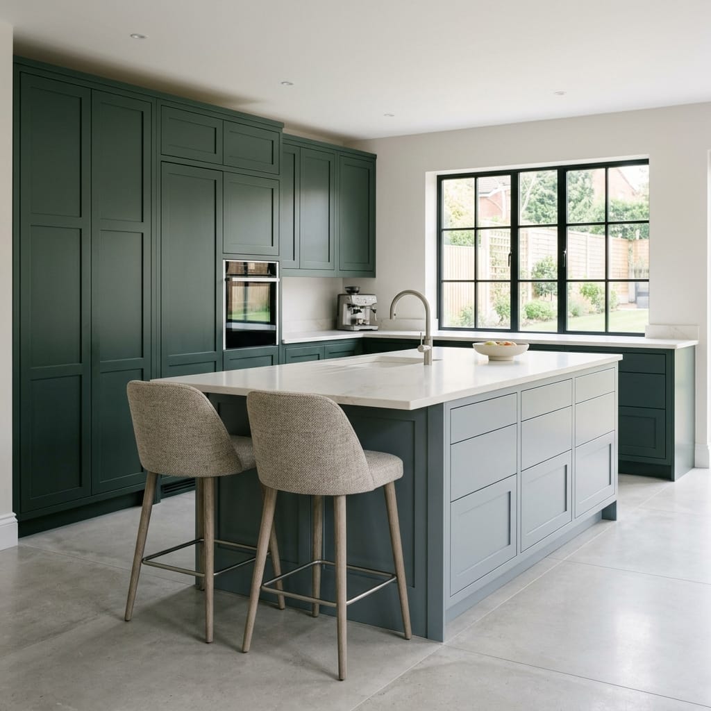 square1_800x800-316 Bespoke kitchen island detail, matt painted handleless slab cabinetry with quality joinery