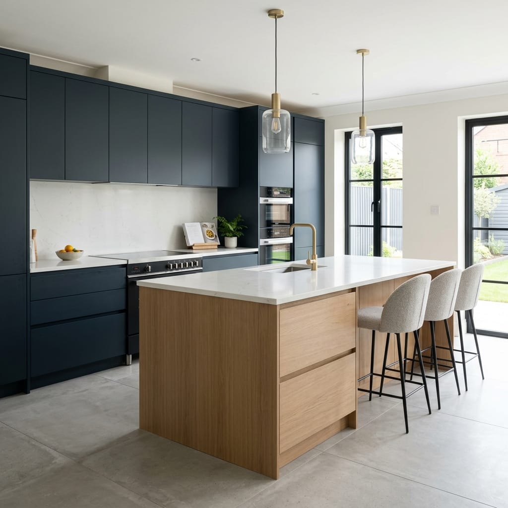 Bespoke kitchen island detail, timber veneer slab-door cabinetry with quality joinery