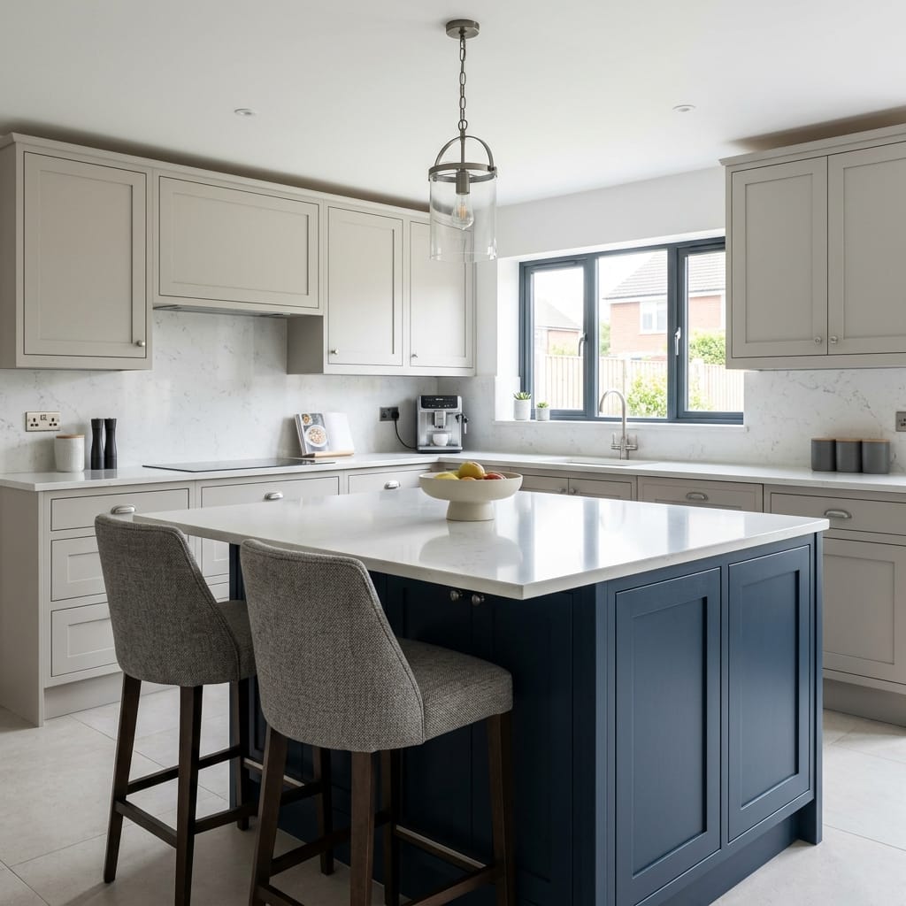 Bespoke kitchen island detail, contemporary painted lay-on cabinetry with quality joinery