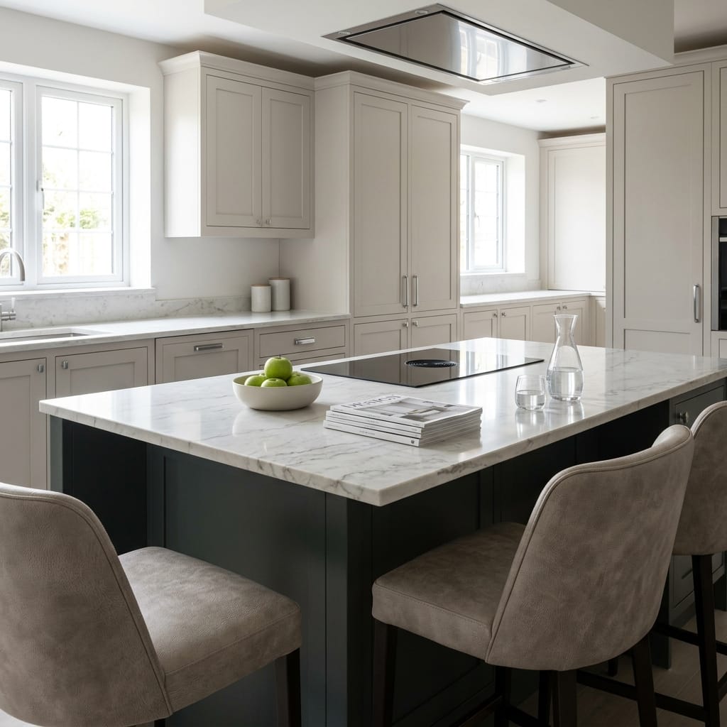 Bespoke kitchen island detail, modern shaker cabinetry with quality joinery