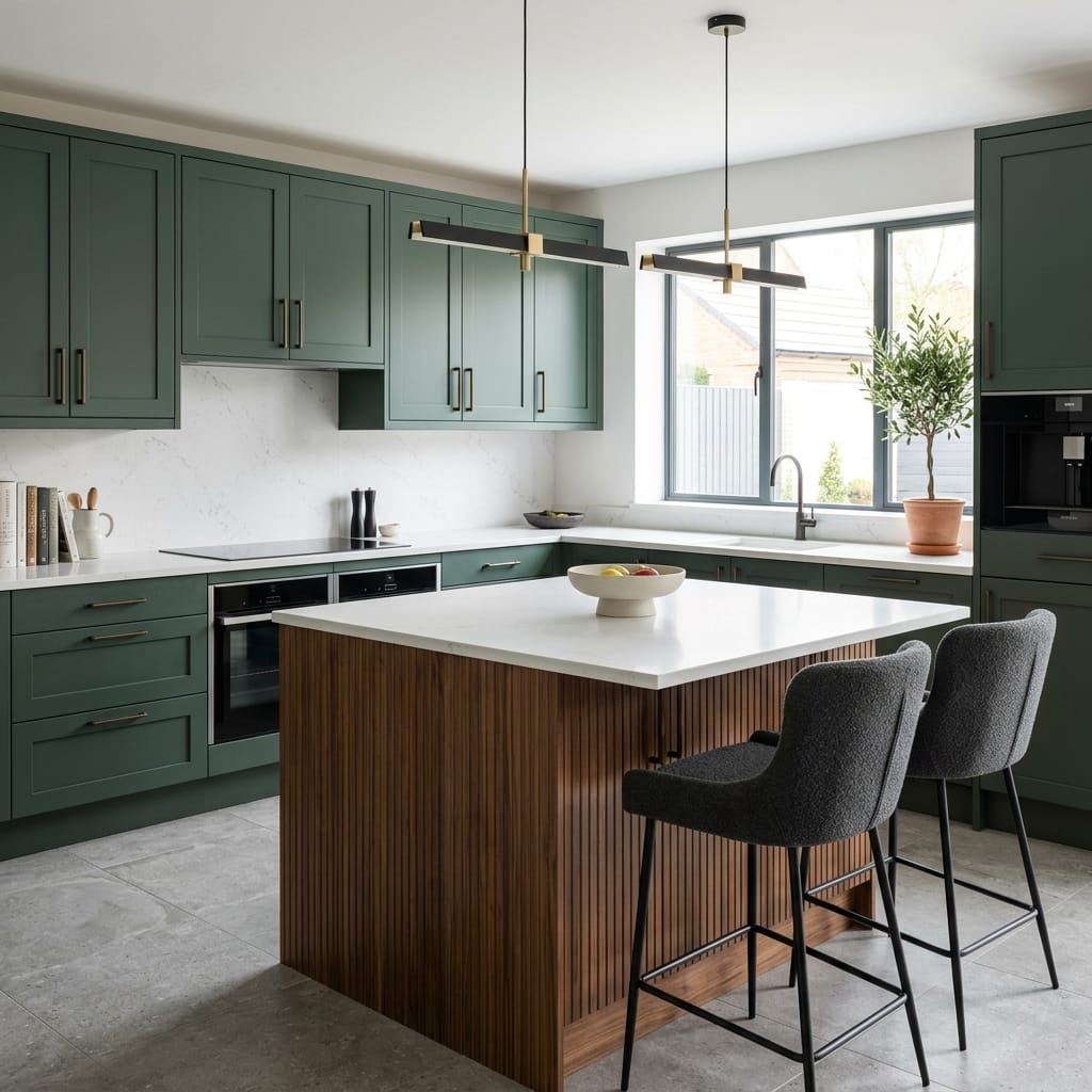 Bespoke kitchen island detail, contemporary painted lay-on cabinetry with quality joinery
