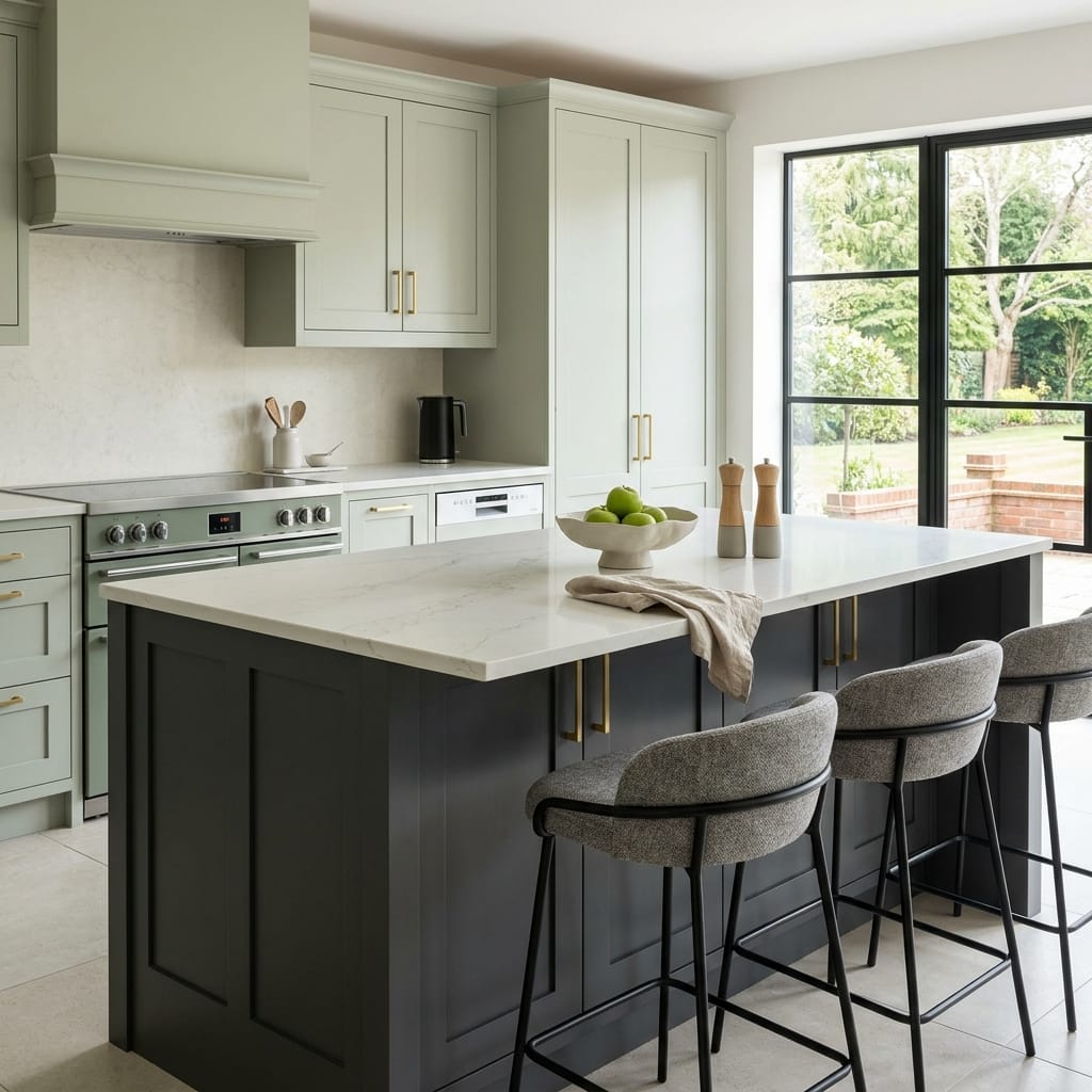 Bespoke kitchen island detail, matt painted handleless slab cabinetry with quality joinery