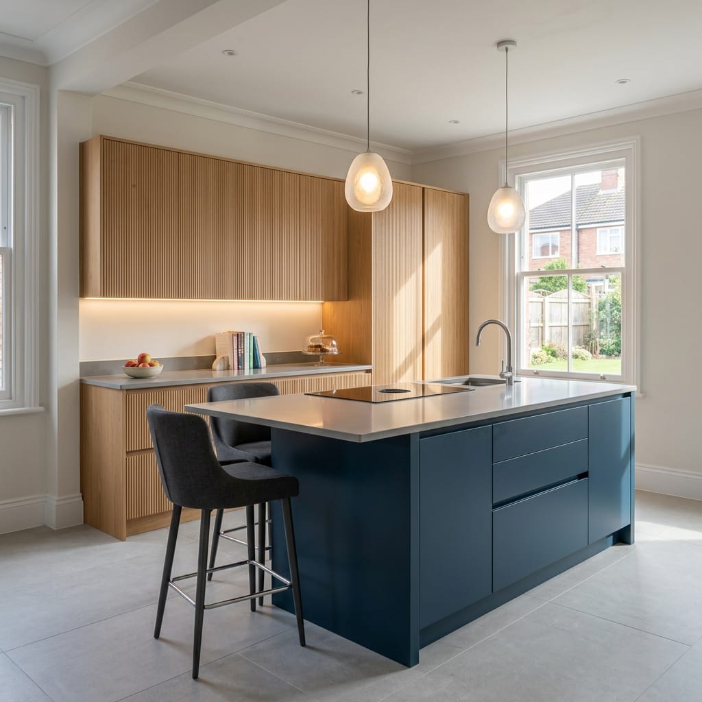 Bespoke kitchen island detail, modern shaker cabinetry with quality joinery