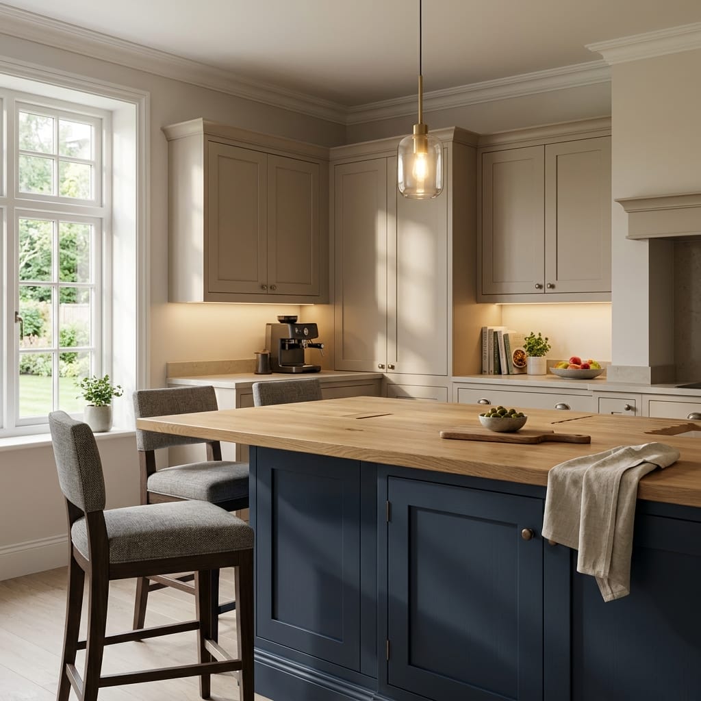 Bespoke kitchen island detail, contemporary painted lay-on cabinetry with quality joinery