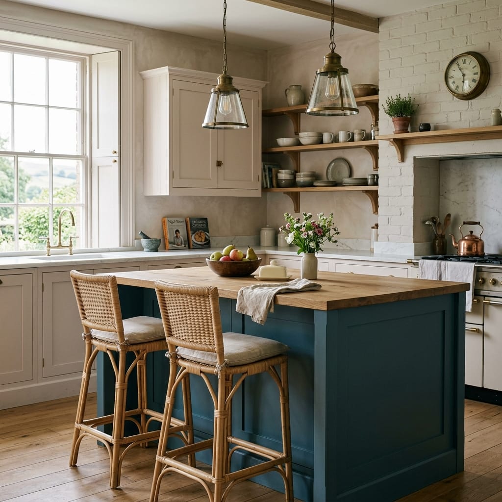 blue island with wooden worktop and wicker stools in airy kitchen