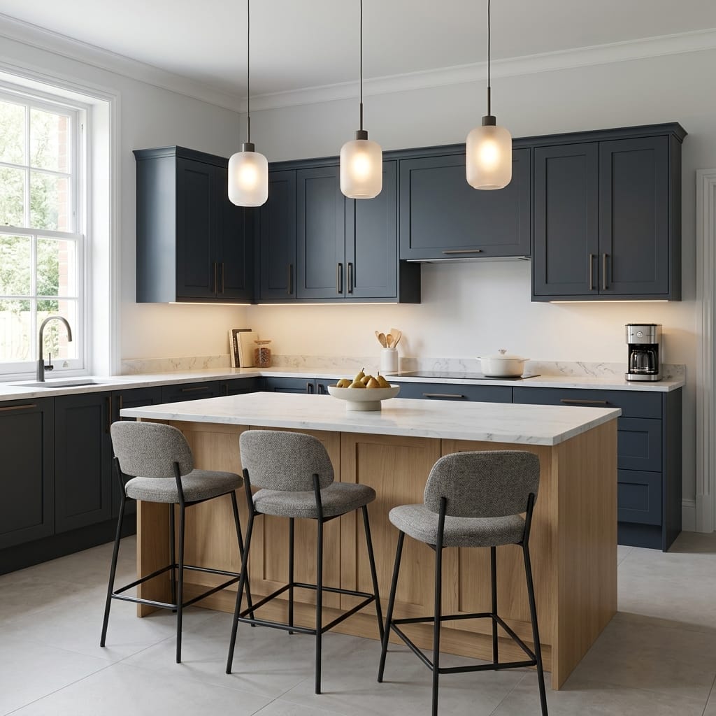 Bespoke kitchen island detail, timber veneer slab-door cabinetry with quality joinery