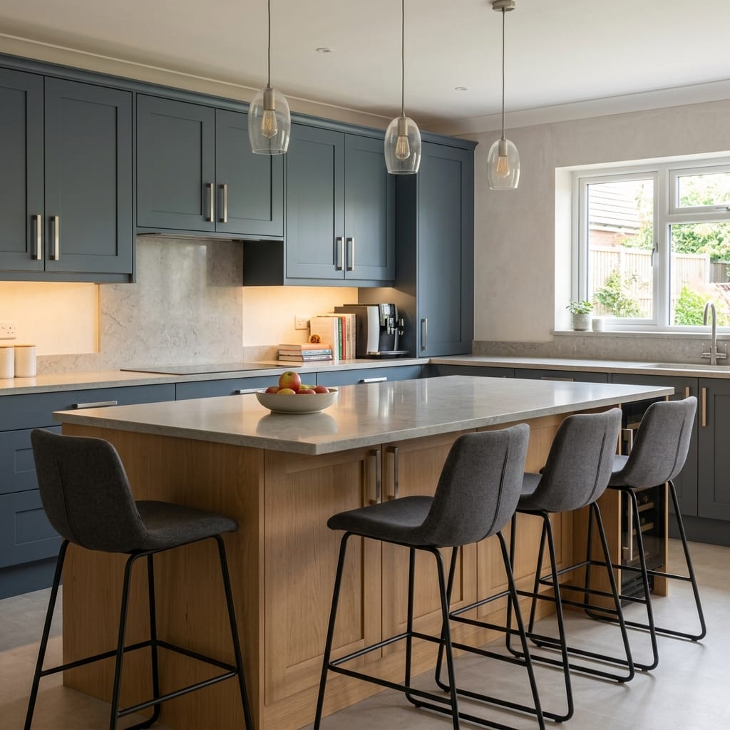 Bespoke kitchen island detail, matt painted handleless slab cabinetry with quality joinery