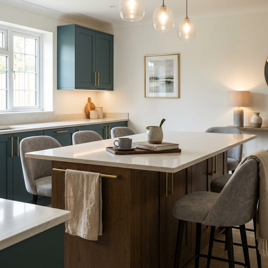 Bespoke kitchen island detail, modern shaker cabinetry with quality joinery