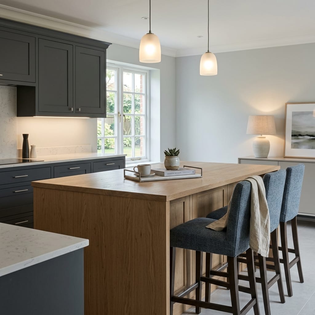 square1_800x800-335 Bespoke kitchen island detail, matt painted handleless slab cabinetry with quality joinery